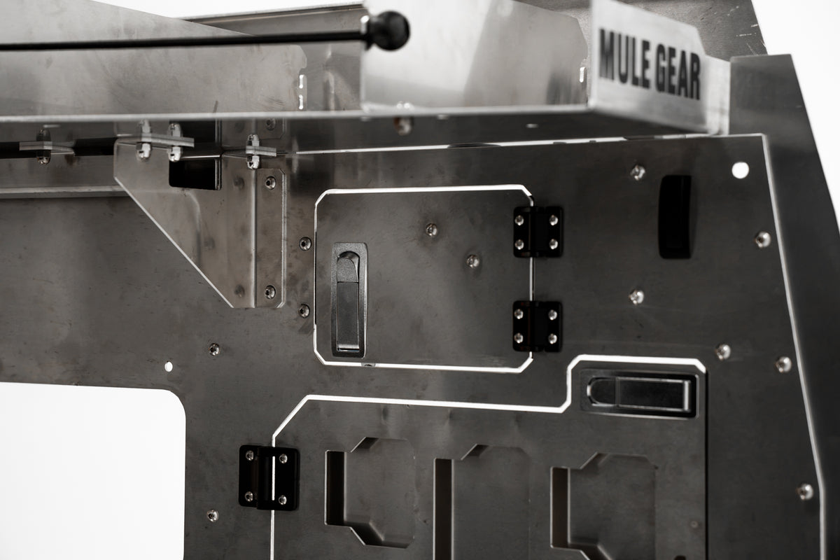 Close-up of Pipeliner Special aluminum storage doors and hardware