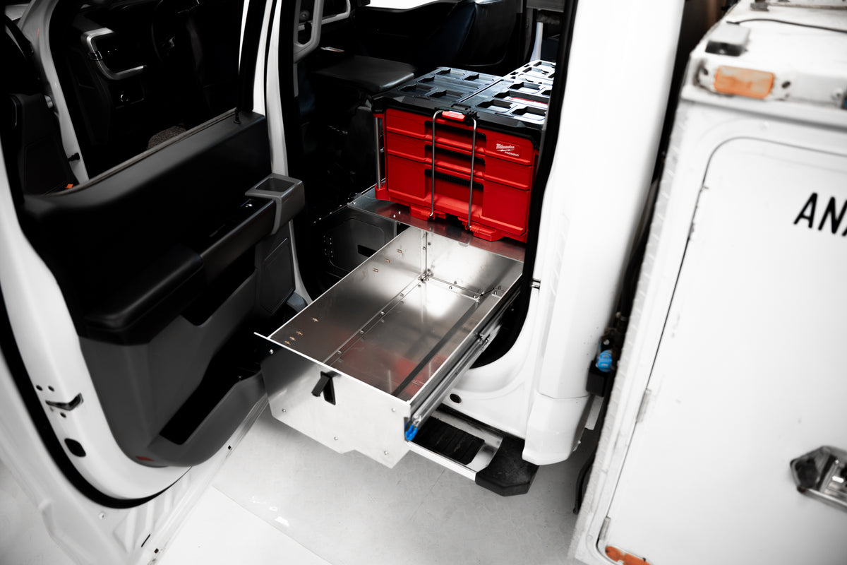 2025 Ford F-550 Crew Cab Pipeliner Special with lower storage drawer open