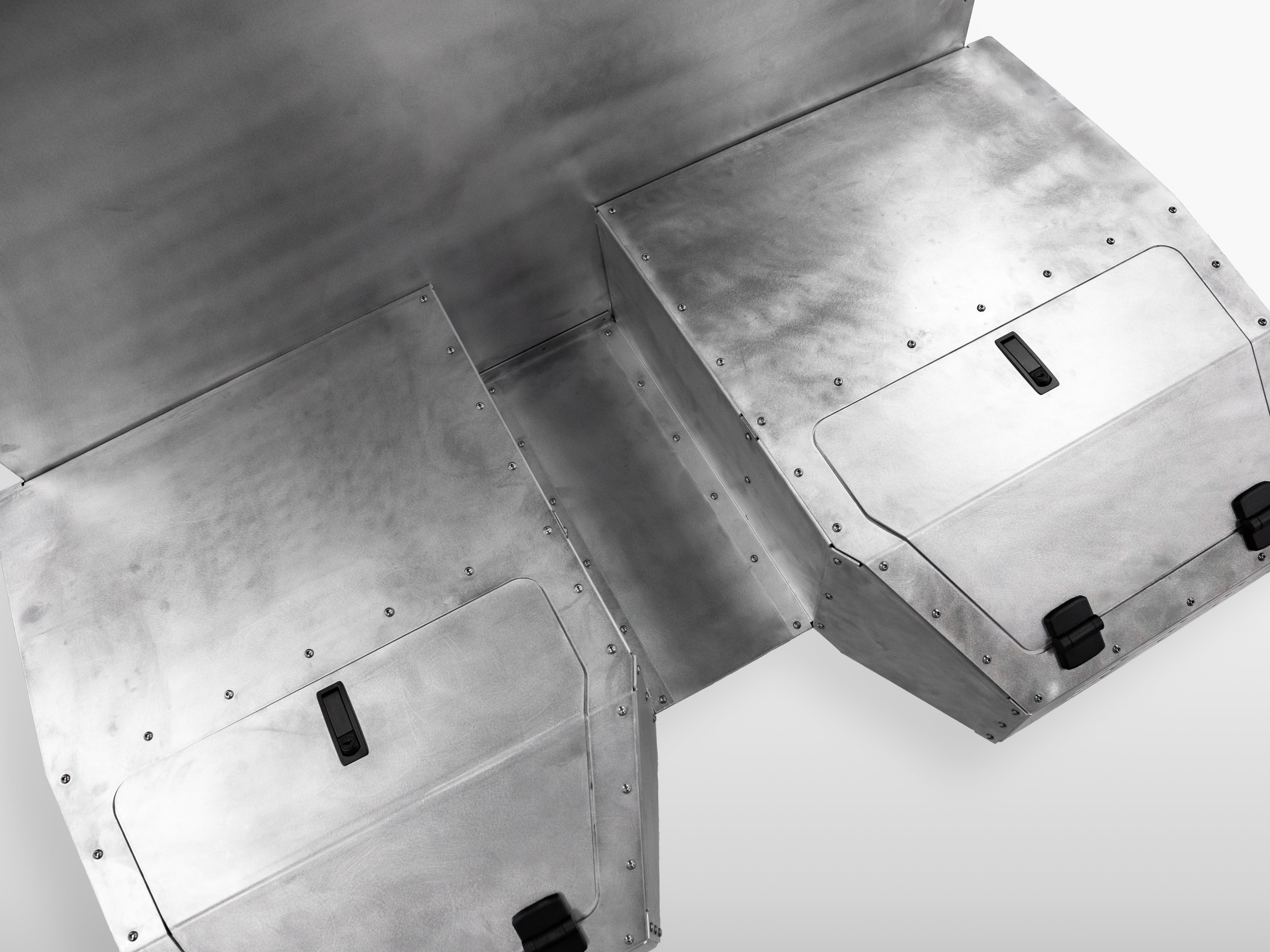 Top view of The Highway Tight aluminum seat delete system with both compartments closed.