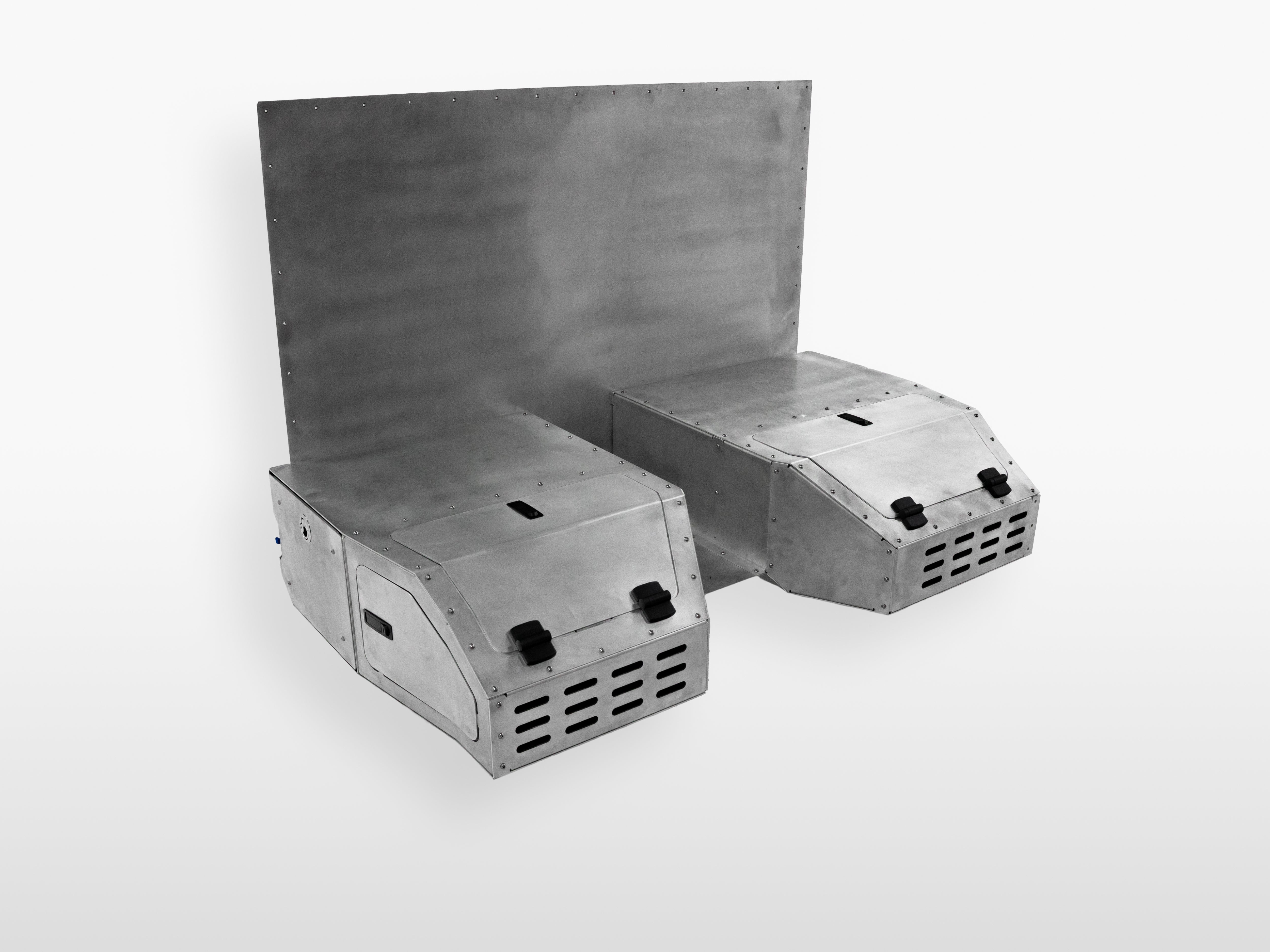 The Highway Tight modular aluminum seat delete system for rig welders, shown from the left side.