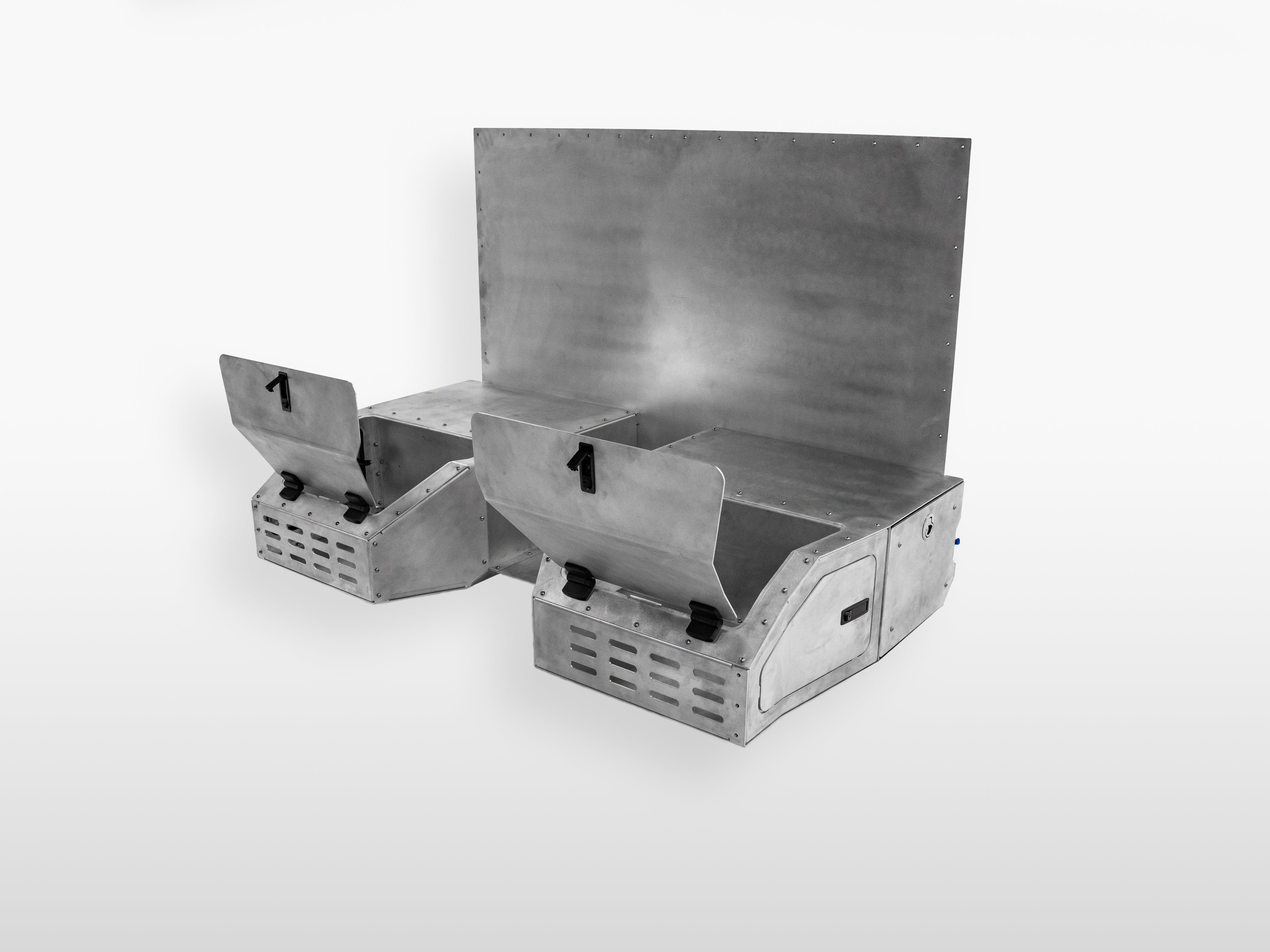 The Highway Tight modular aluminum seat delete system with both storage compartments open.