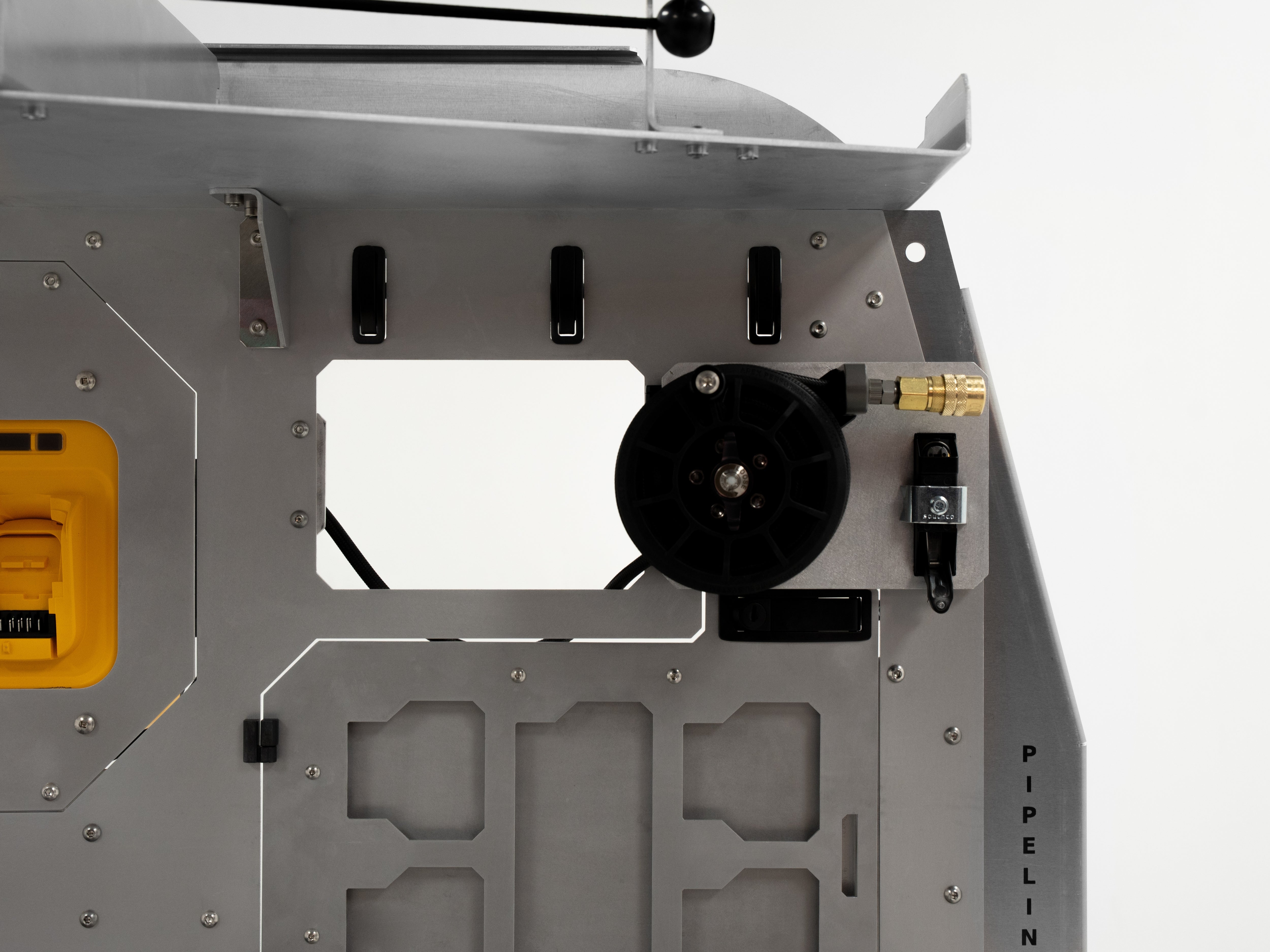 Full configuration of The Pipeliner Special modular aluminum storage system with top rack installed.