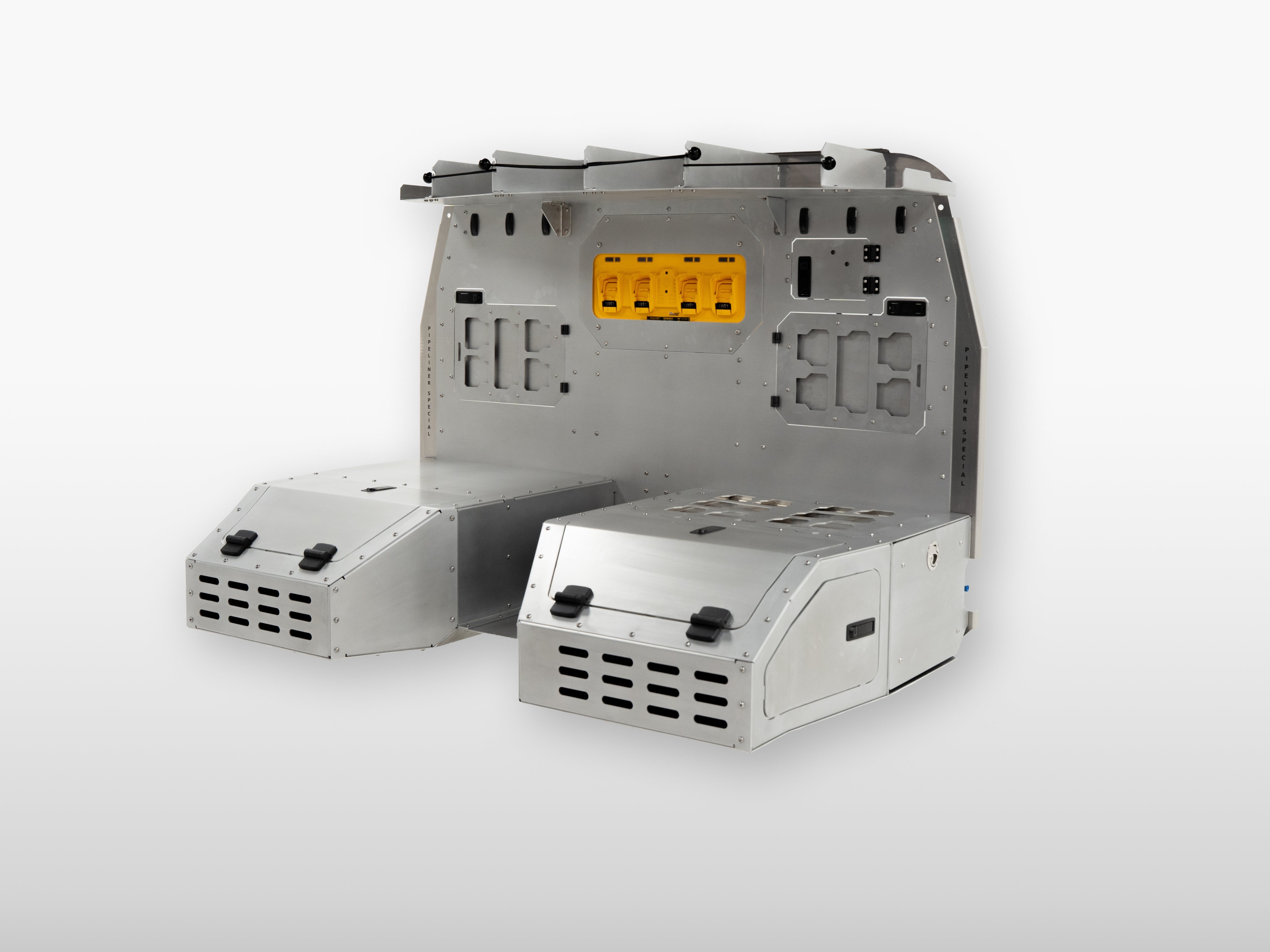 The Pipeliner Special aluminum seat delete system with dual 500lb drawers and integrated storage wall.