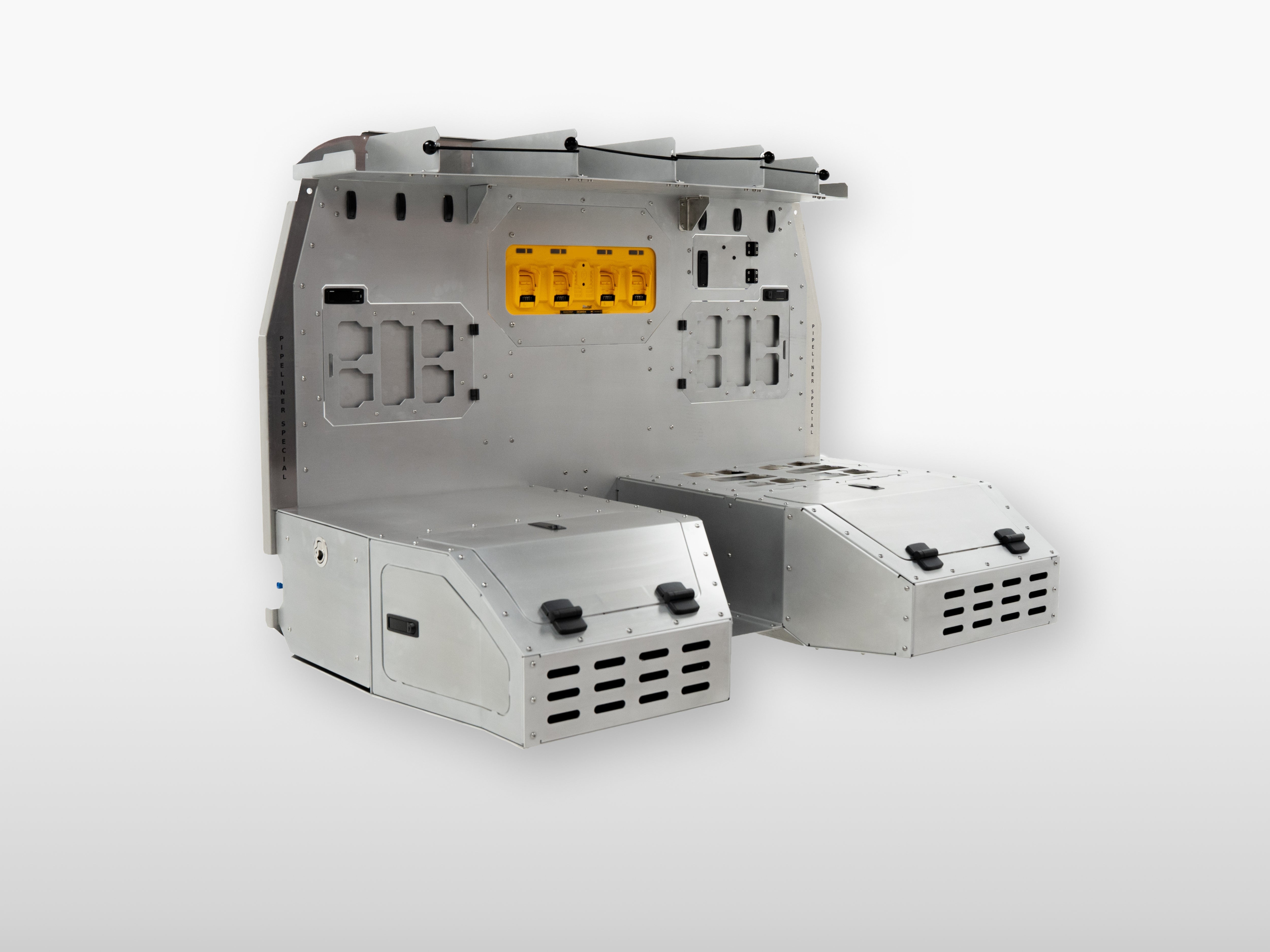 Angled view of The Pipeliner Special modular aluminum seat delete system.