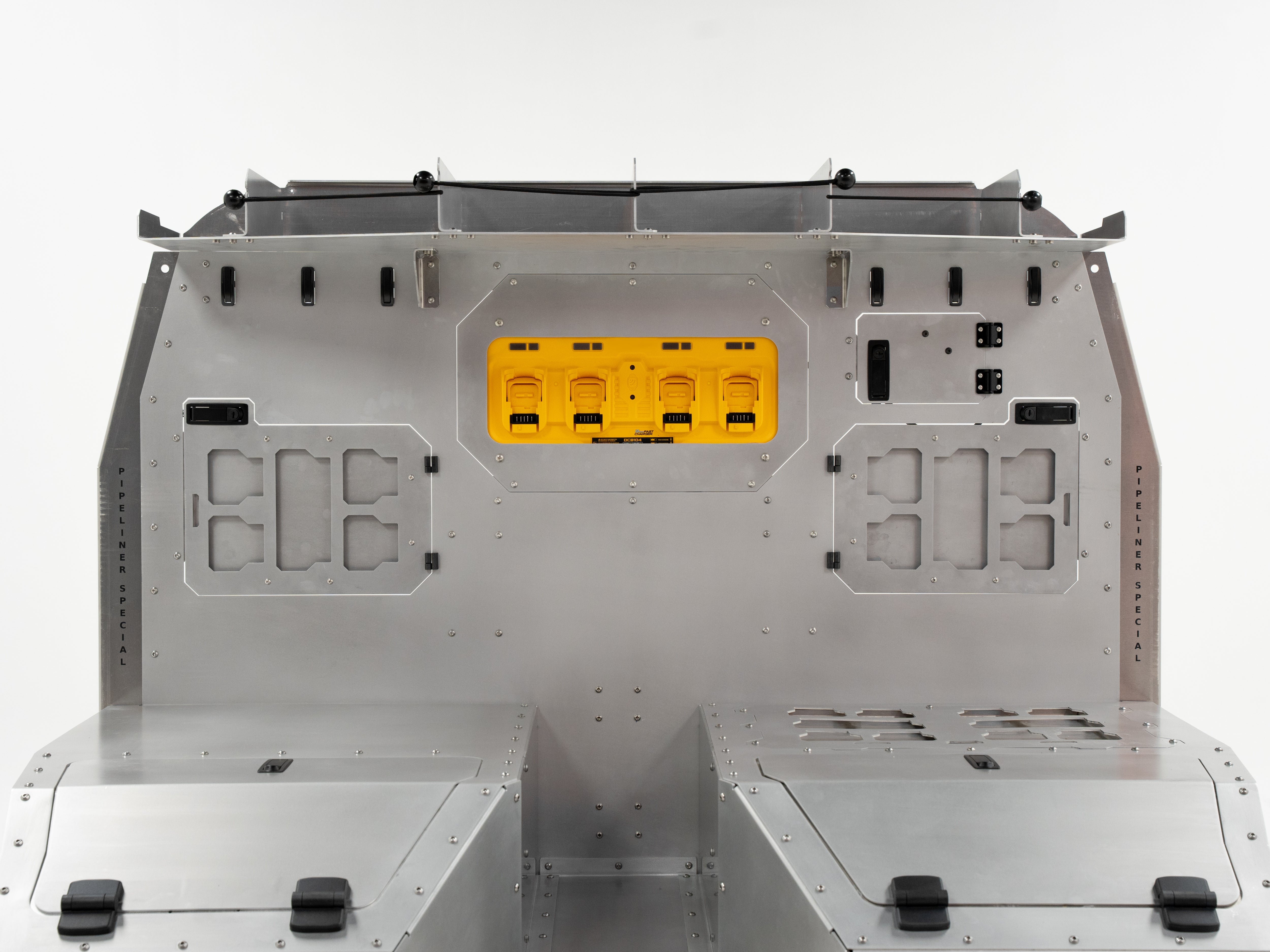 Front view of The Pipeliner Special showing integrated power outlets and full-width aluminum build.